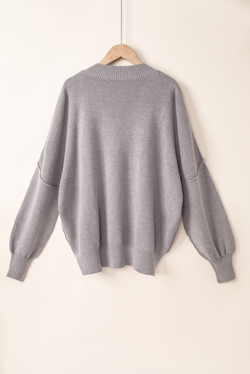 Gray Oversized Drop Shoulder Bubble Sleeve Pullover Sweater