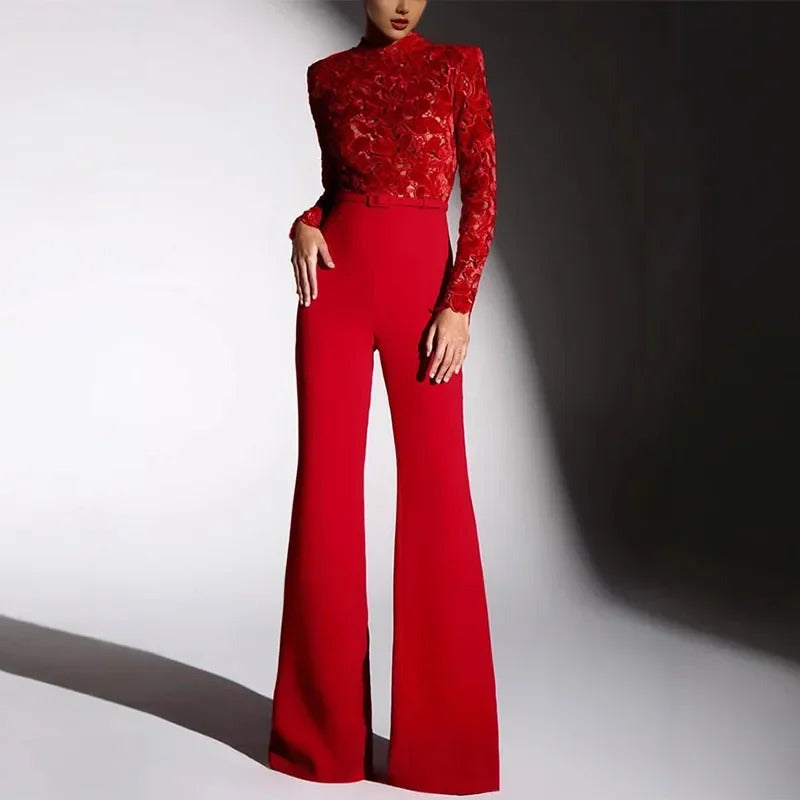 Embroidery Lace Red Jumpsuits Women Sexy Slim Long-sleeved Belt High Waist Jumpsuit Female 2024 INS Casual Lady Party Rompers