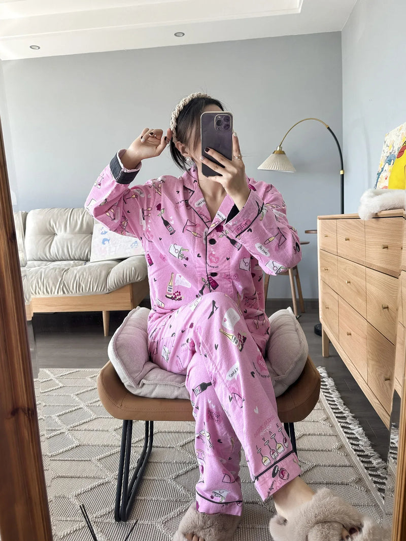 100% Cotton Pajamas for Women Loose Cartoon Long Sleeve Pants Loungewear Women 2 Piece Set Pj Women Outfit Sleepwear Set Pijamas