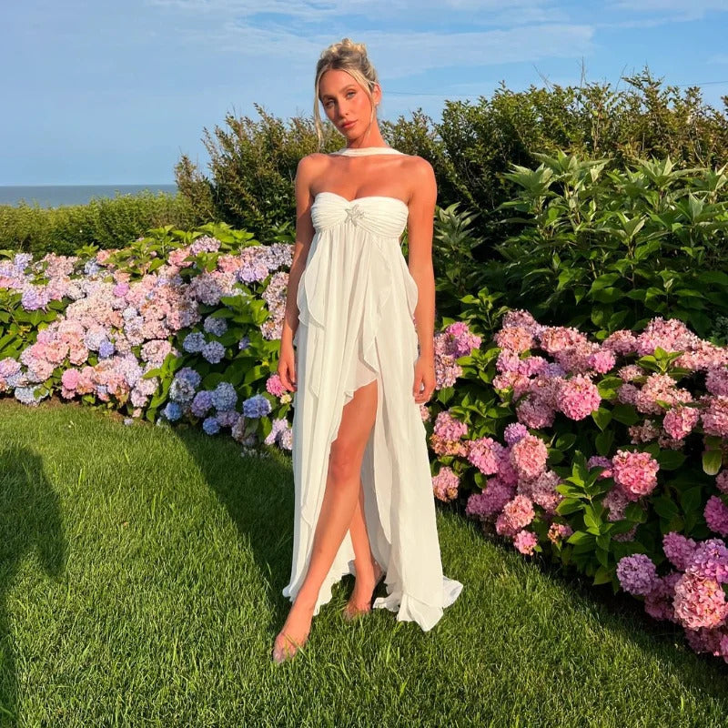 Chic Ruffles Long Robes With Scarf Collar Women Elegant High Slit Off Shoulder Backless Midi Dresses Ladies White Wedding Dress