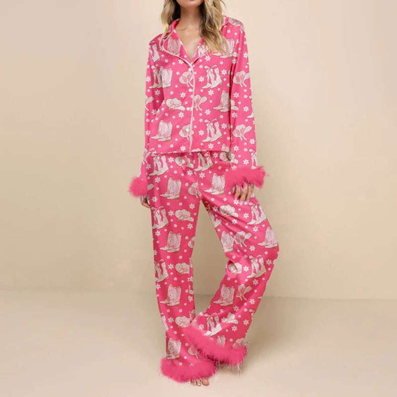 Christmas Women's 2 Piece Pajama Sets Long Sleeve Santa/Christmas Tree/Boots Print Shirts Tops Pants Sleepwear Nightwear Pyjamas