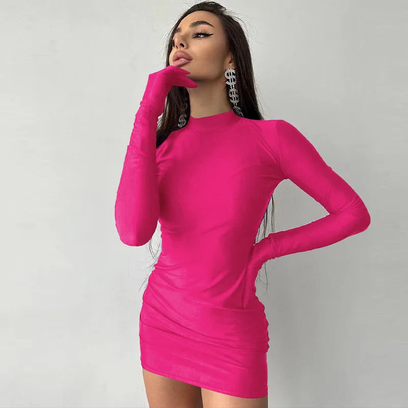 Solid Long Sleeve With Gloves Mini Dress Bodycon Sexy Streetwear Party Half Turtleneck Outfits Y2K Clothes Wholesale