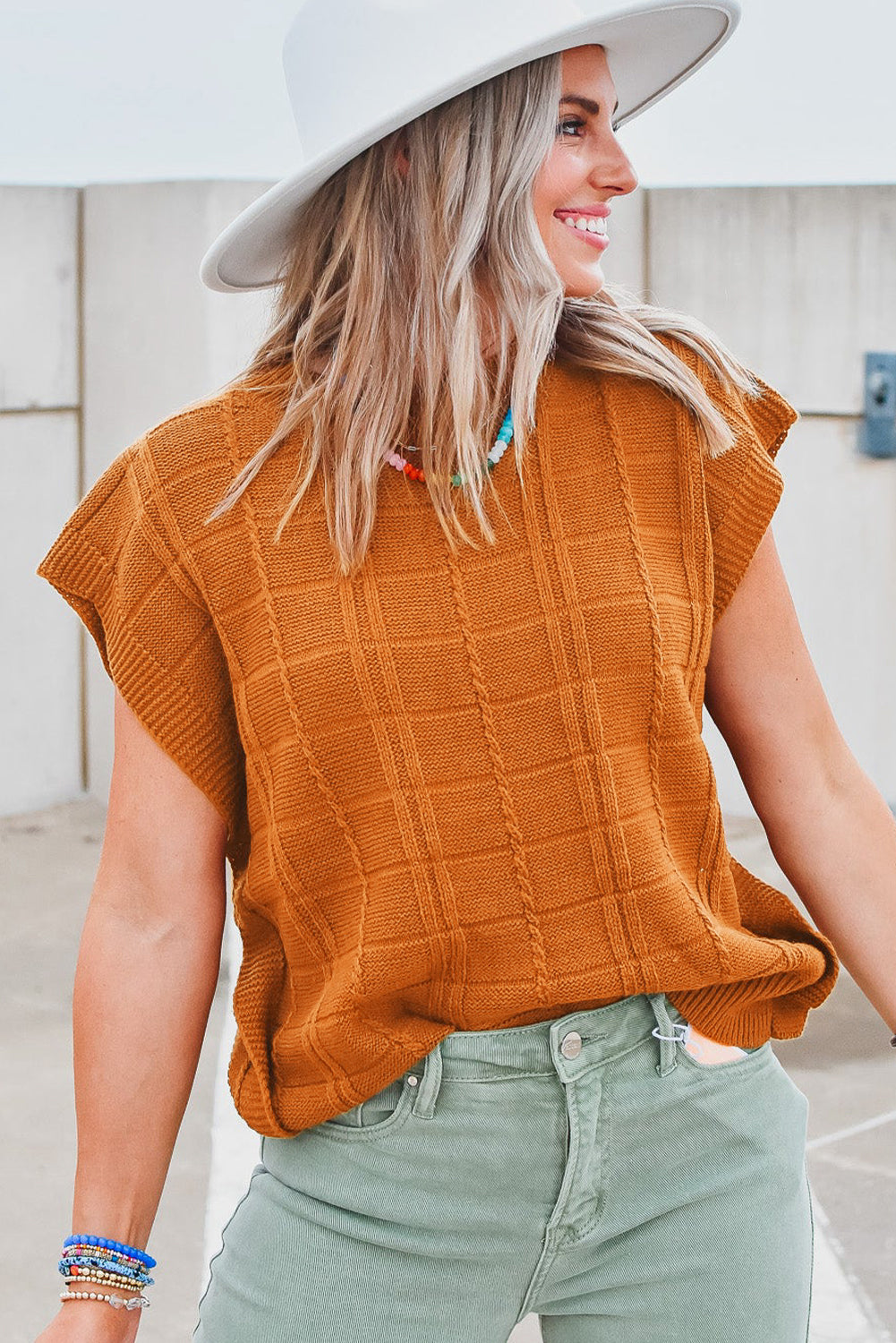 Chestnut Grid Textured Short Sleeve Sweater