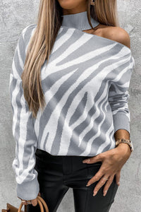 Gray Zebra Print Mock Neck Cold Shoulder Sweater