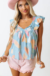 Pink Splotches Pattern Ruffled Cap Sleeve Shift Top