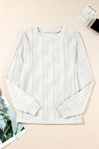 White Textured Wavy Round Neck Long Sleeve Top