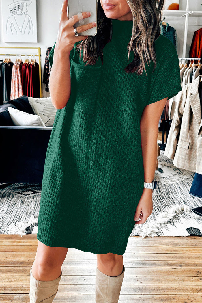 Blackish Green Patch Pocket Ribbed Knit Short Sleeve Sweater Dress