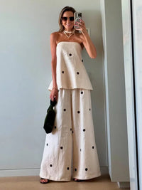 Women Chic Dot Print Wrapped Chest Strapless Tops Set Fashion Back Slit Zipper Top Wide Leg Pants Suit New Lady Holiday Outfit ﻿