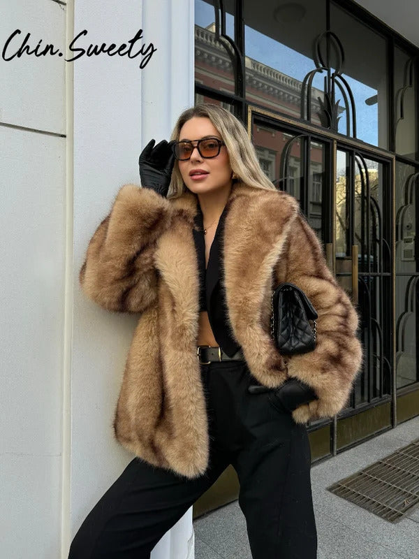 Street Faux Fur Women Coat Urban Full Sleeve Lapel Panelled Pocket Female Outwear 2024 Autumn Winter Elegant Lady Outwear