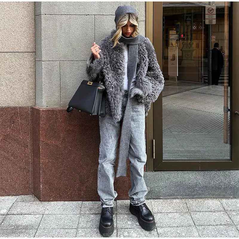 Winter New Women's Plush Faux Fur Overcoat Fashion Long Sleeved Warm Turn-down Collar Cardigan High Street Loose Outerwear 2024