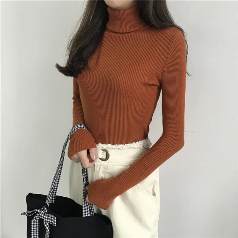 2024 Autumn Winter Thick Sweater Women Knitted Ribbed Pullover Sweater Long Sleeve Turtleneck Slim Jumper Soft Warm Pull Femme