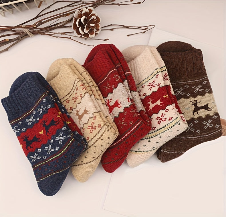 5 Pairs Elk Print Thickened Socks, Comfy & Warm Christmas Mid Tube Socks, Women's Stockings & Hosiery