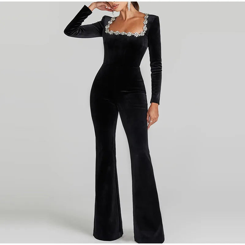 Embroidery Lace Red Jumpsuits Women Sexy Slim Long-sleeved Belt High Waist Jumpsuit Female 2024 INS Casual Lady Party Rompers