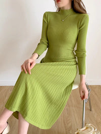 Autumn Winter 2023 Slim Long Sleeve Party Midi Dress for Women Knitted Half High Collar Elegant Knitted Sweater Dresses Ladies