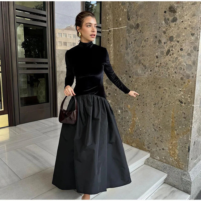 2025 New Elegant Contrast Spliced Pleated Maxi Hem Dress Women's Round Collar Long Sleeve Slim Robe Female Partywear Dresses