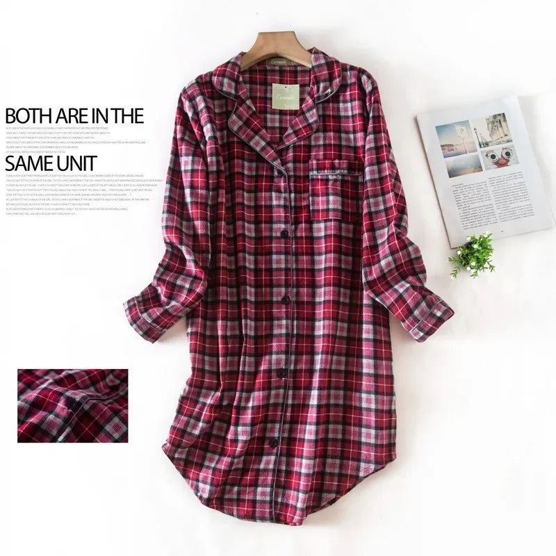 Flannel Cotton Home Nightdress Cardigan Shirt Night Dress Cute Cartoon Plaid Design Sleepwear Fashion Sleeping Shirt Woman