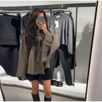 2024 Burgundy Women's Chic Scarf Collar Jackets Autumn Fashion Long Sleeved Casual Loose Coat New Ladies Elegant Street Outwear