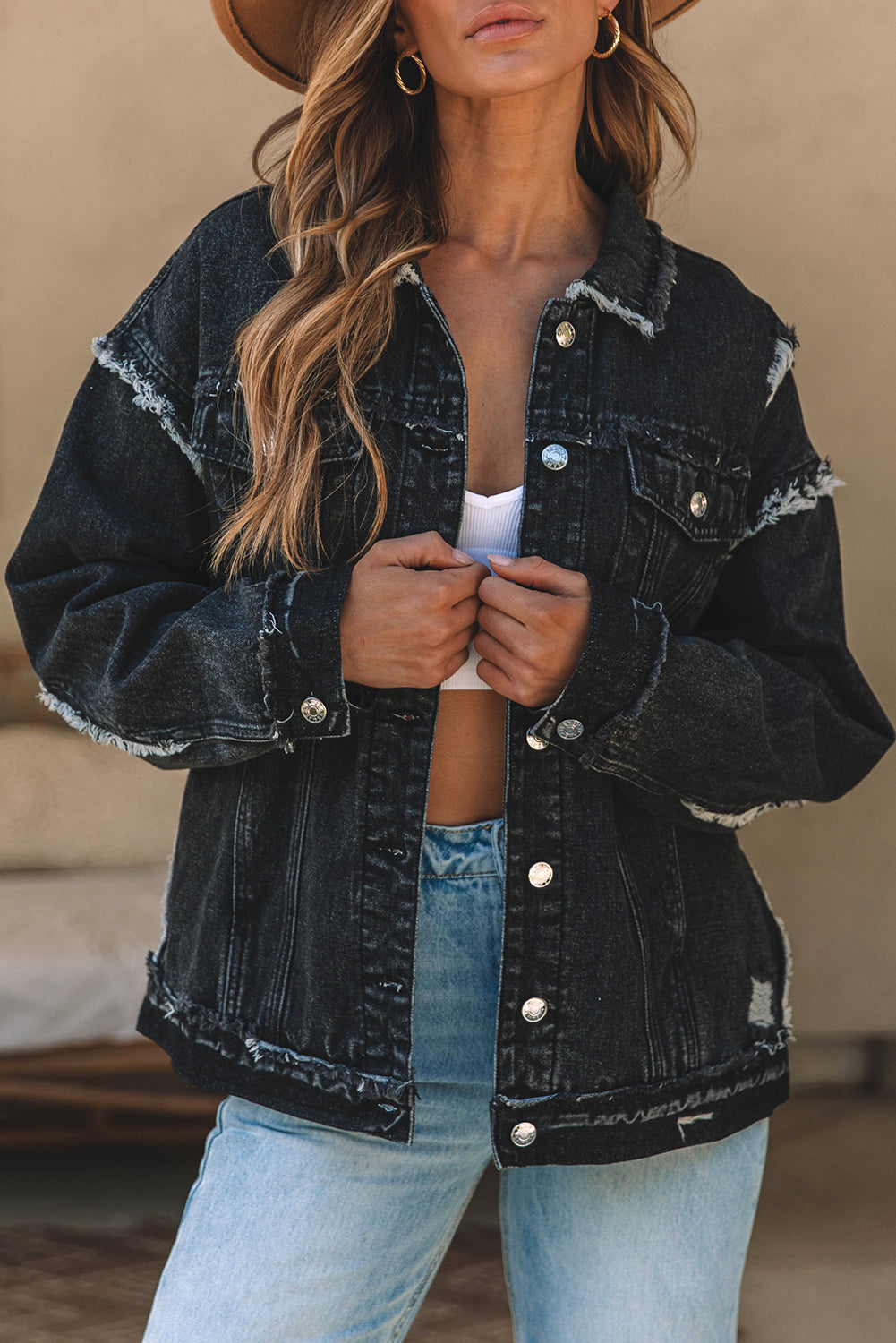 Black Flap Pocket Distressed Button-Up Denim Jacket