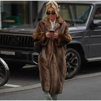 Dark Brown Faux Fur Long Overcoat For Women Fashion Lapel Single Breasted Loose Fluffy Plush Warm Coat Winter Thicken Outerwear