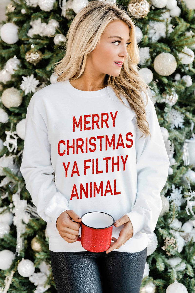 White Merry Christmas Ya Filthy Animal Graphic Sweatshirt