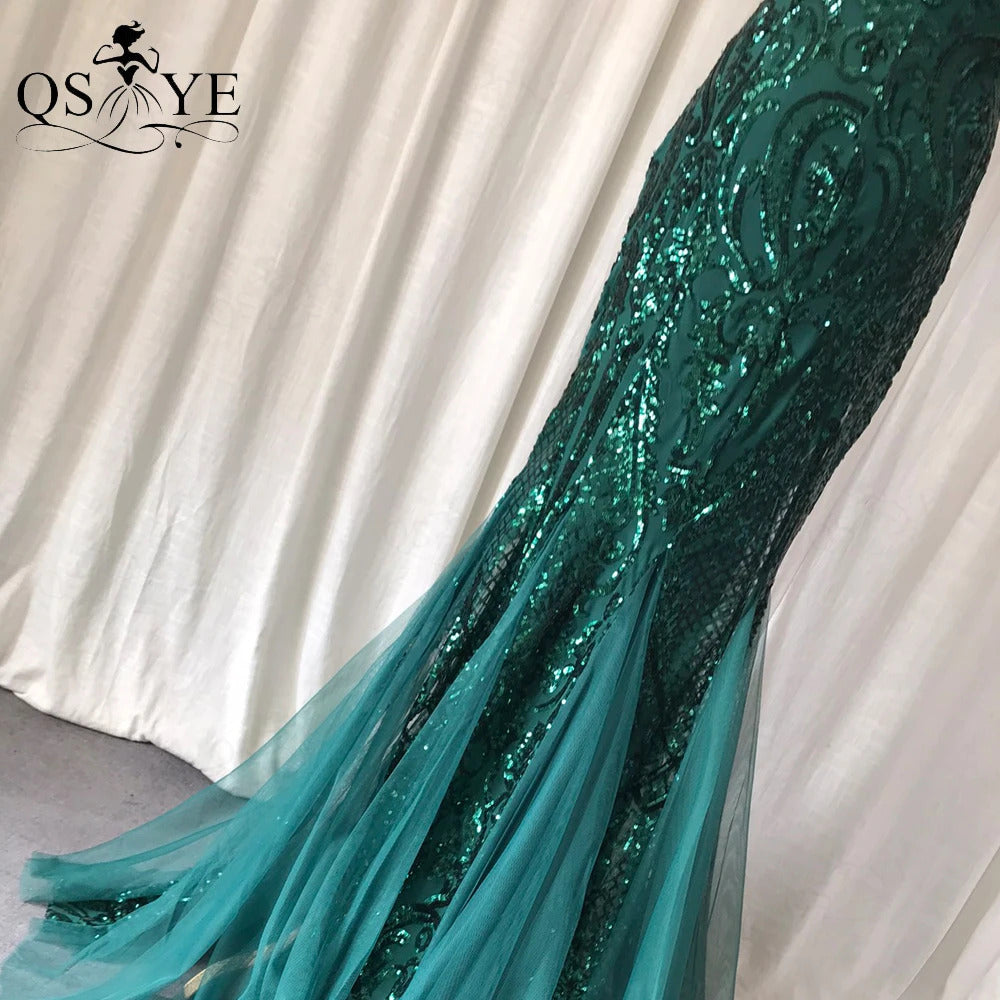 One Shoulder Emerald Evening Dresses Green Sequined Long Mermaid Prom Gown Glitter Elegant Party Dress Pattern Lace Formal Dress