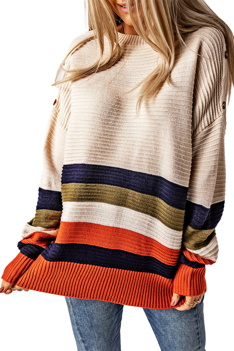 White Buttoned Shoulder Drop Shoulder Striped Sweater