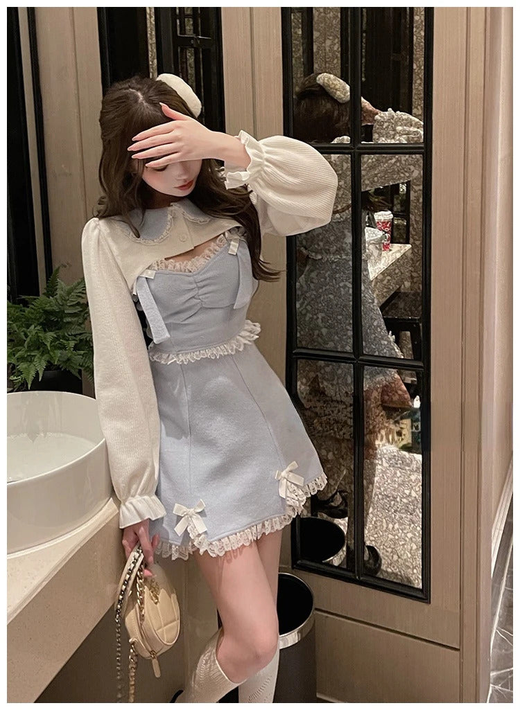 Lace Japanese Sweet Lolita Dress Women Bow Pink Kawaii Party Mini Dresses Female Blue Princess Korean Fashion Dresse Winter 2024