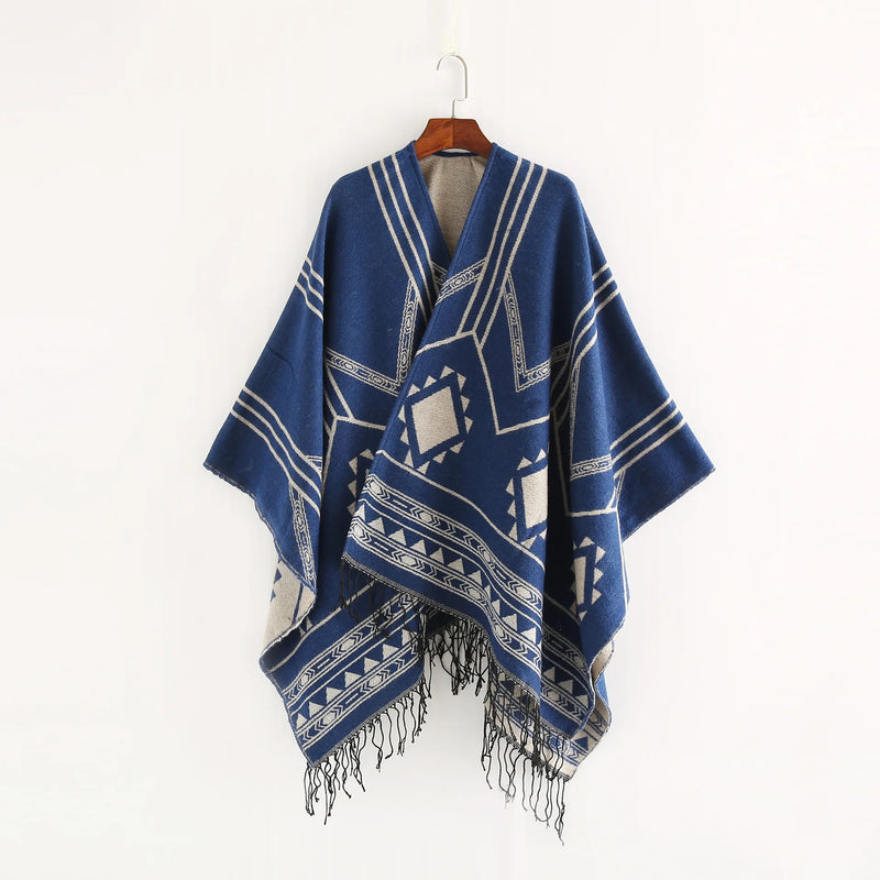 Cloak Poncho Capes 2024 New Indian Nepalese Style Geometric Tassel Split Women Shawl Warm Air Conditioning Room Lady Blue