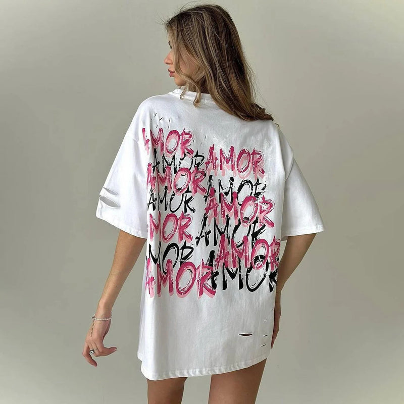 Summer Loose Oversized Tops Casuales Letter Print T Shirt Femme 2024 Spring Sunmer News Fashion Street Short Sleeve O-Neck Tees