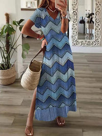 Geometric Irregular Printed T-shirt Long Dress Women's Summer Round Neck Short Sleeve A-line Dress Casual Vacation Robe