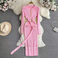 Autumn Winter Women Knitted Dress Brand Fashion O-neck Buttons Bodycon Sweater Dress with Belt Lady Office Dress