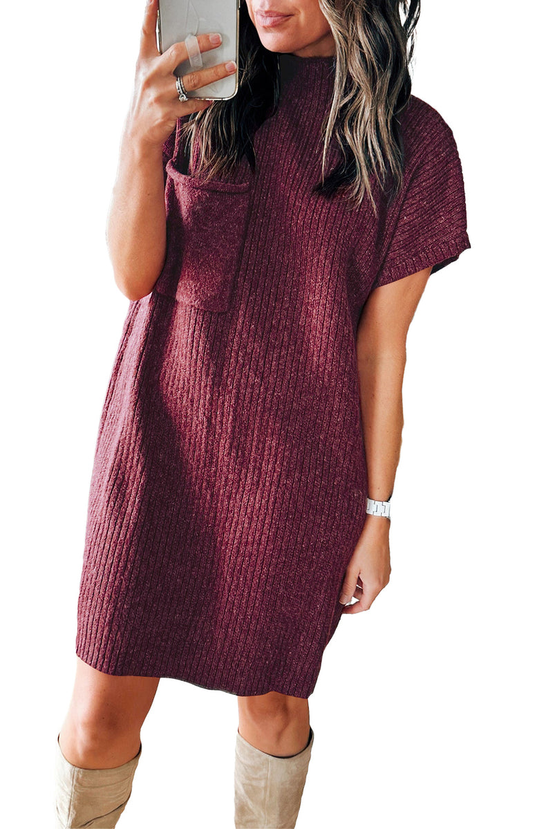 Red Dahlia Patch Pocket Ribbed Knit Short Sleeve Sweater Dress