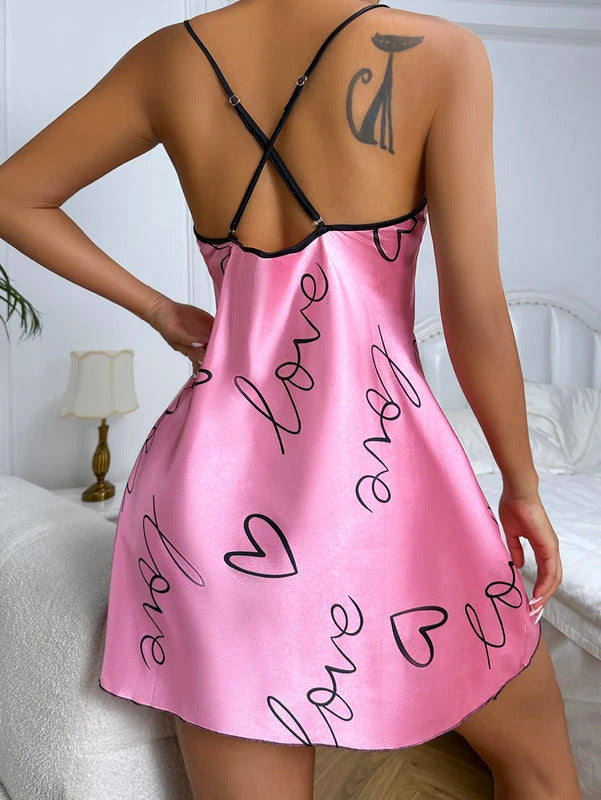 Heart Print Nightdress Elegant Scoop Neck Criss Cross Back Sleep Dress  Women's Sleepwear