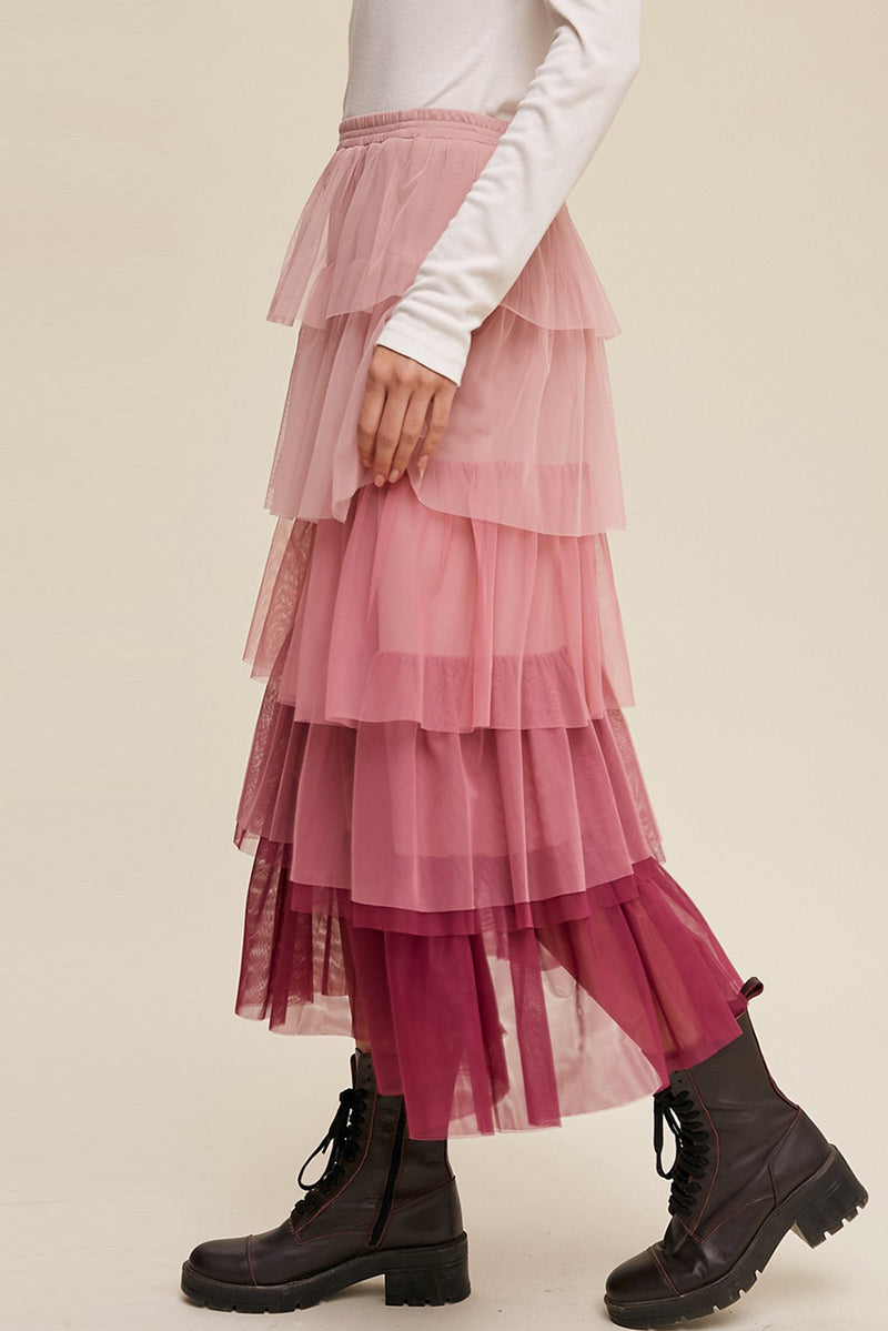 Pink Gradient Ruffle Tiered Mesh Maxi Skirt