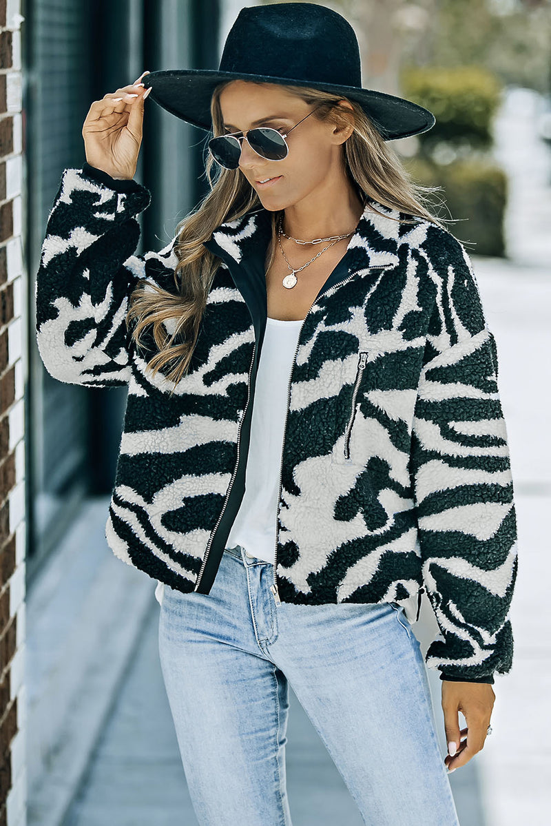 Black Zebra Teddy Zip-up High Neck Jacket