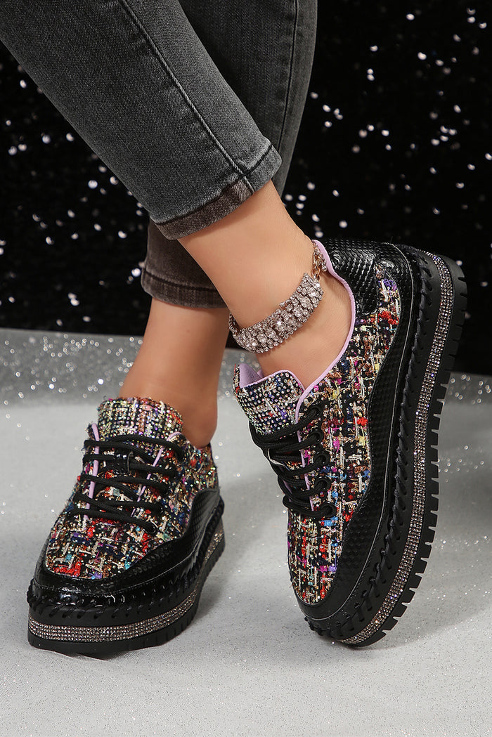 Black Shiny Sequin Slip On Thick Sole Flat Shoes