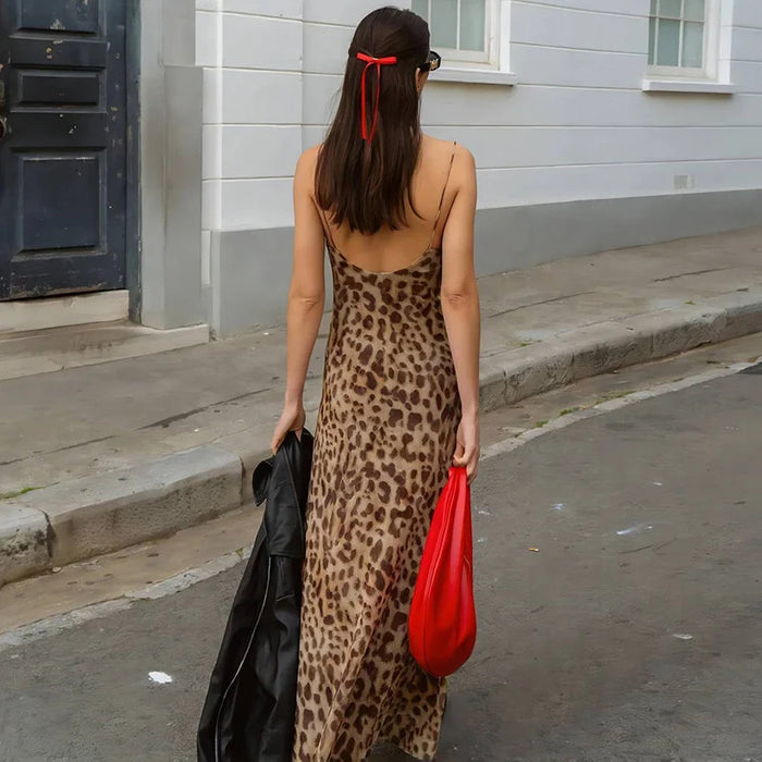 Vintage Leopard Print Chiffon Sexy Cami Dress Women V Neck Sleeveless Party Dress Fashion 2024 Summer Streetwear Dress