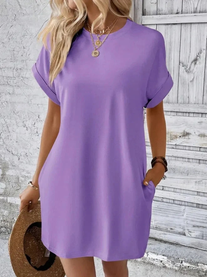 Pure Color Minimalist T-Shirt Short Dress Women Summer Round Neck Pocket Loose Dresses Robe