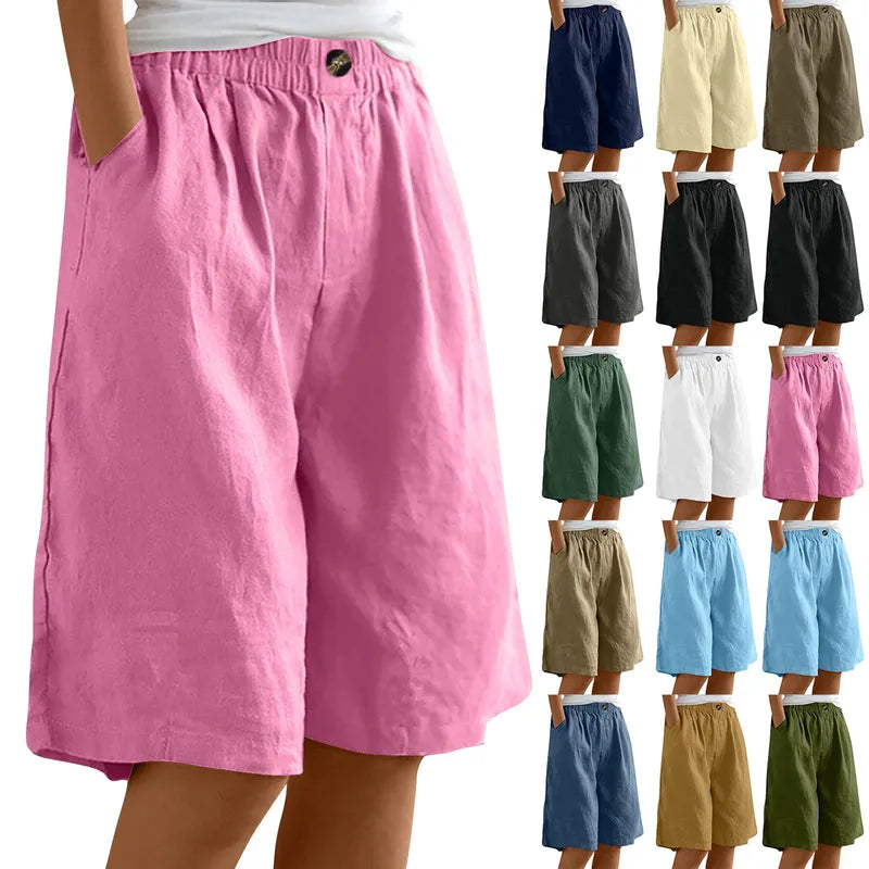 Women's Fashion Solid Color Pants Pocket Button Up Capris Loose Elastic Waist Cotton Linen Shorts