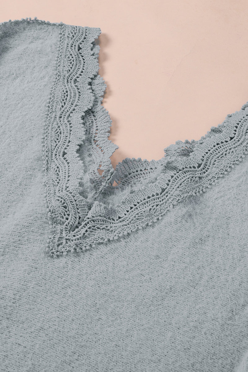 Gray Lace Splicing V Neck Pullover Sweater