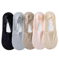 5 Pairs Of Fashionable Women's Summer Non Slip Invisible Ankle Socks Wth Lace Flower Style Socks