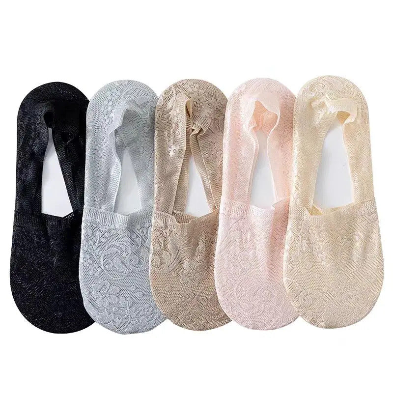 5 Pairs Of Fashionable Women's Summer Non Slip Invisible Ankle Socks Wth Lace Flower Style Socks