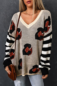 Striped Sleeves Patchwork Leopard Sweater