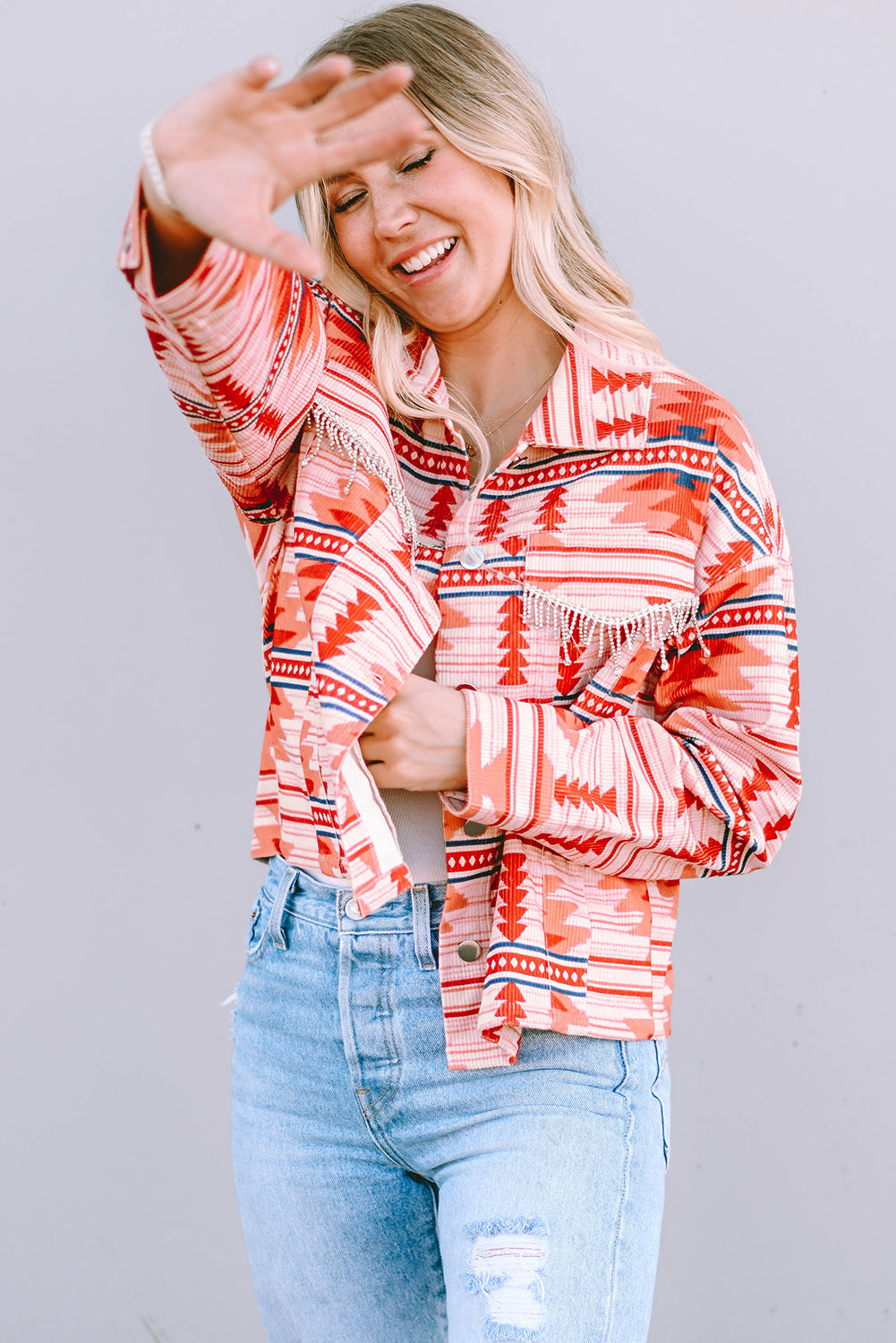 Fiery Red Western Aztec Print Corduroy Jacket