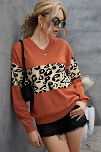 Black Leopard Colorblock V Neck Knit Sweater