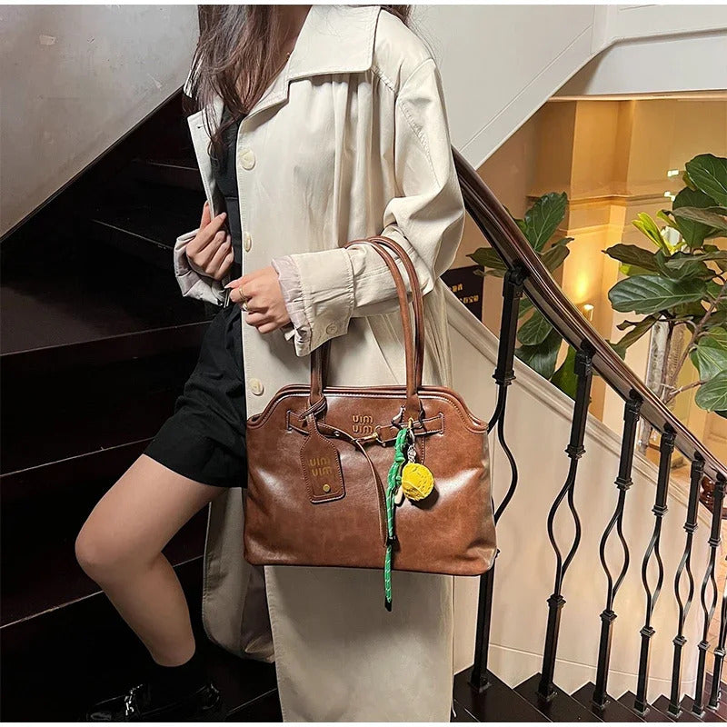 Women's Retro Brown Shell Bag Popular Large Capacity Multiple Compartments Briefcase High Quality Fashion Shoulder Tote Bag