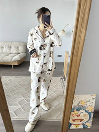 100% Cotton Pajamas for Women Loose Cartoon Long Sleeve Pants Loungewear Women 2 Piece Set Pj Women Outfit Sleepwear Set Pijamas