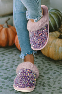 Tillandsia Purple Sequin Furry Indoor Winter Slippers