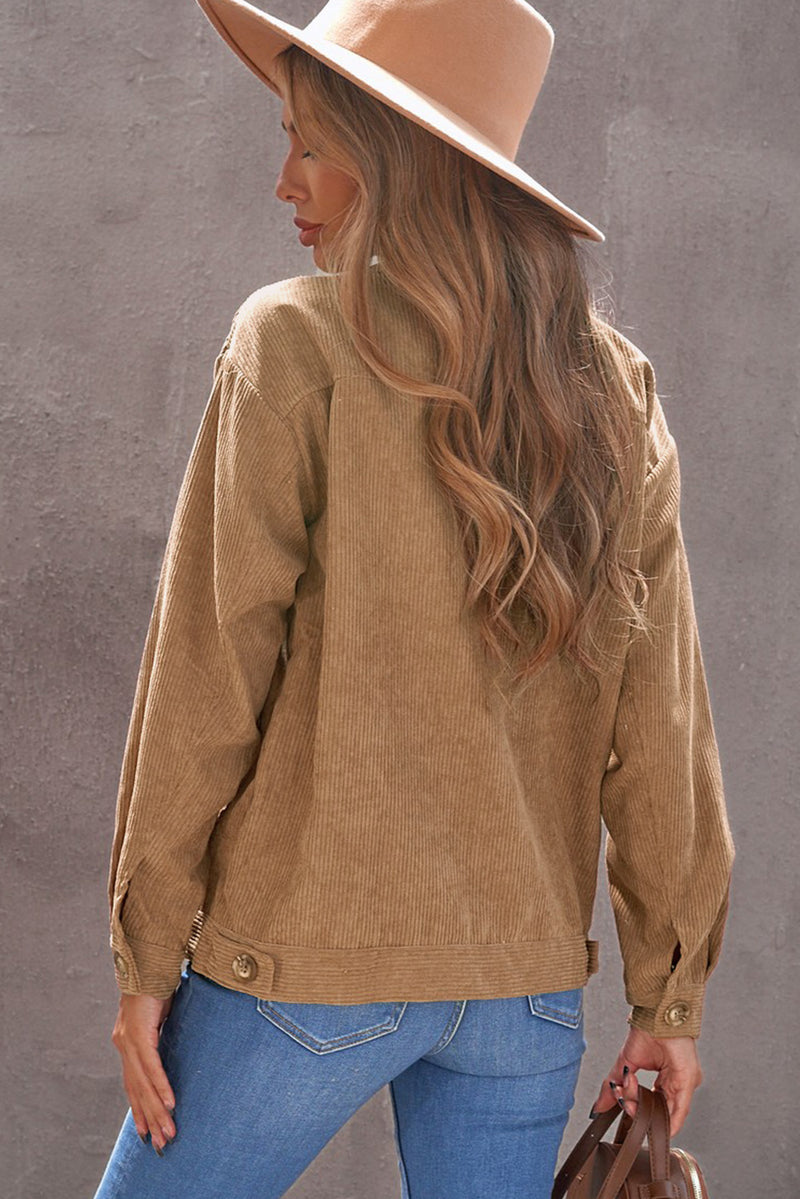 Khaki Ribbed Corduroy Long Sleeve Jacket with Pocket