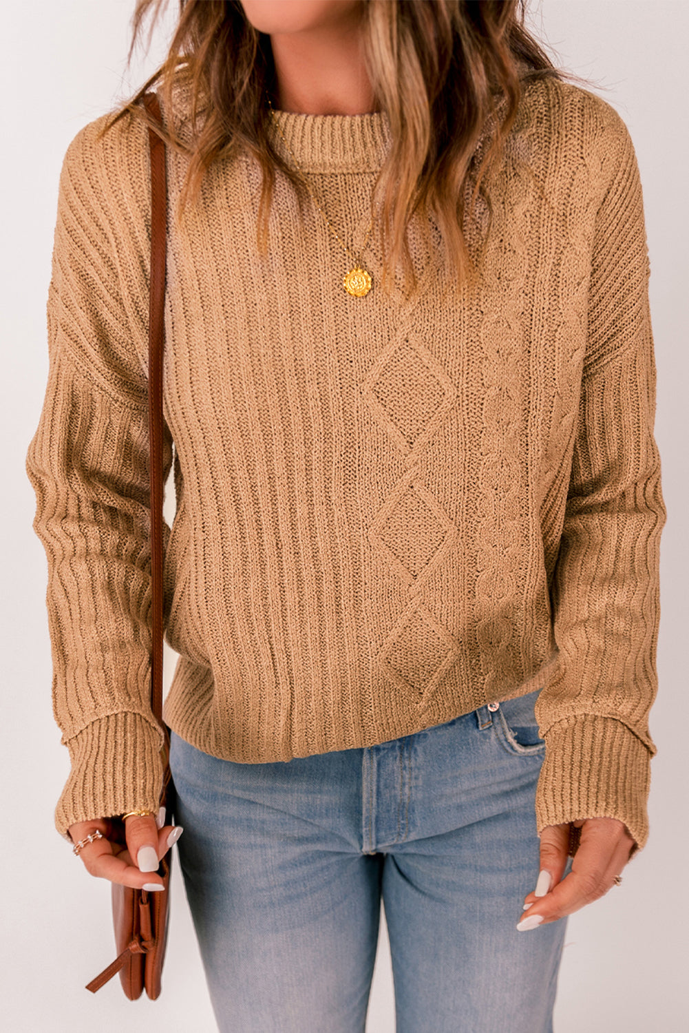 Khaki Multiple Pattern Knit Drop Shoulder Sweater